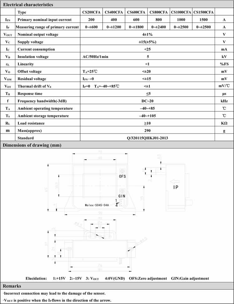 CS1500CFA Open Loop Hall Effect Two Way Power Supply Current Sensors
